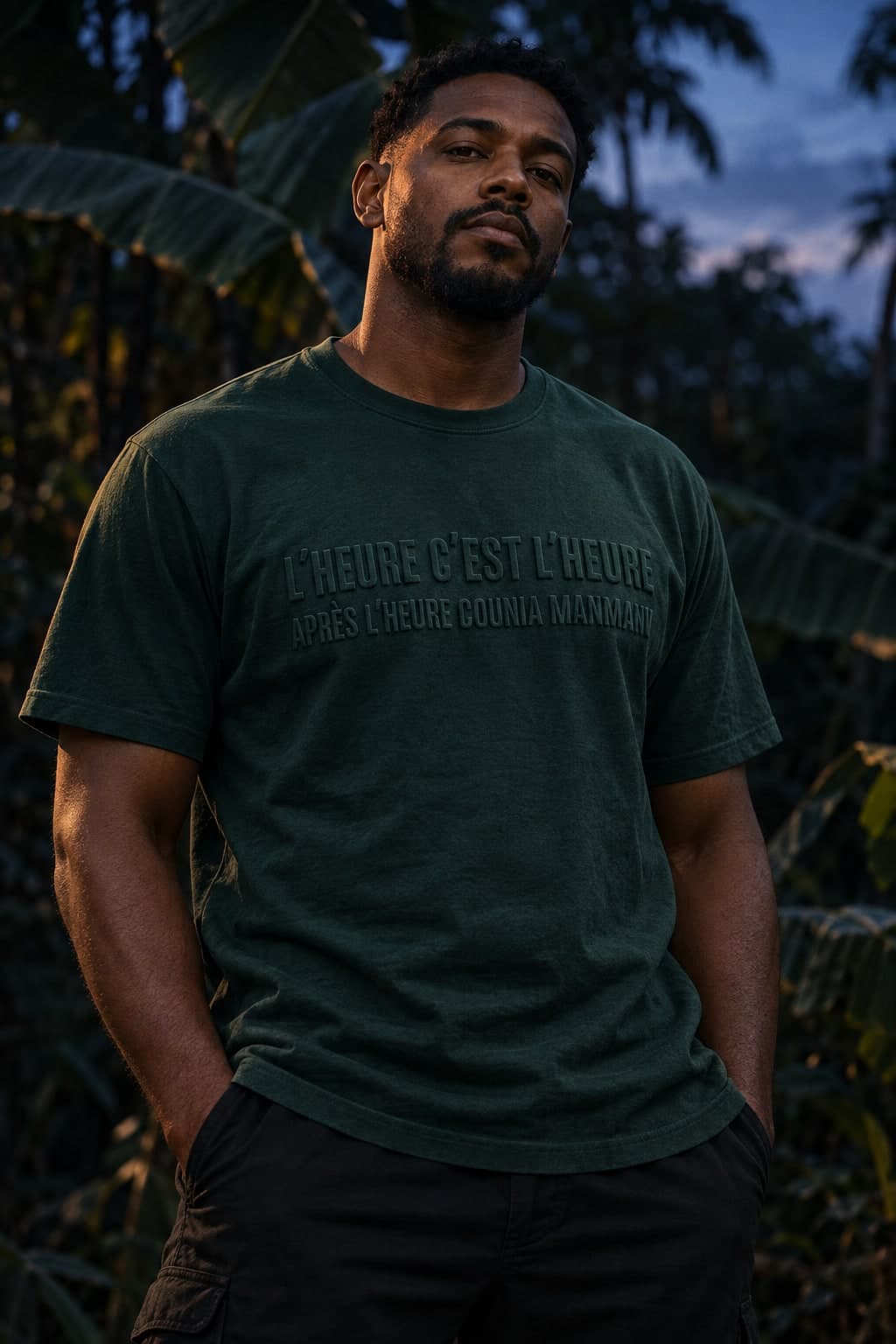 T-shirt vert bananier porté en pied, à l'heure bleue