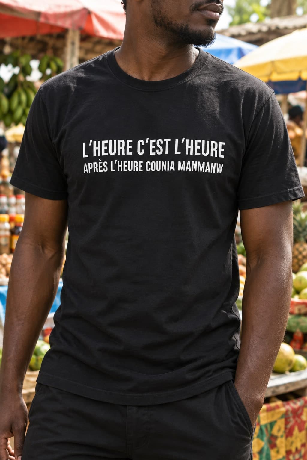 T-shirt imprimé noir volcan porté au marché