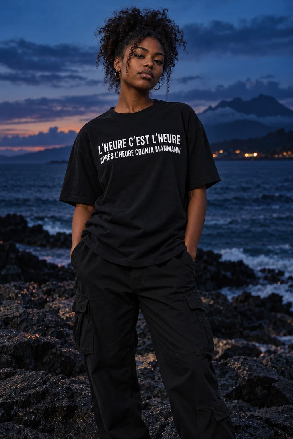 T-shirt noir volcan porté en pied, à l'heure bleue