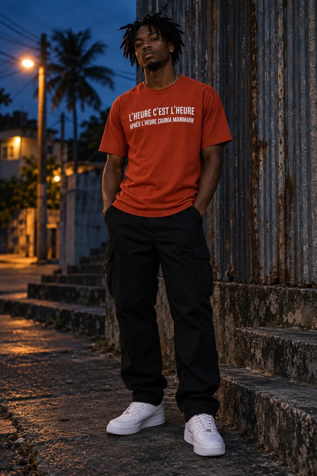T-shirt rouge flamboyant porté en pied, à l'heure bleue